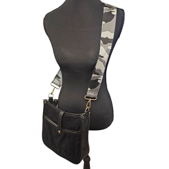 Camo Strap Black Crossbody Bag With Gold Hardware & Adjustable Strap Minimalist - Picture 1 of 8